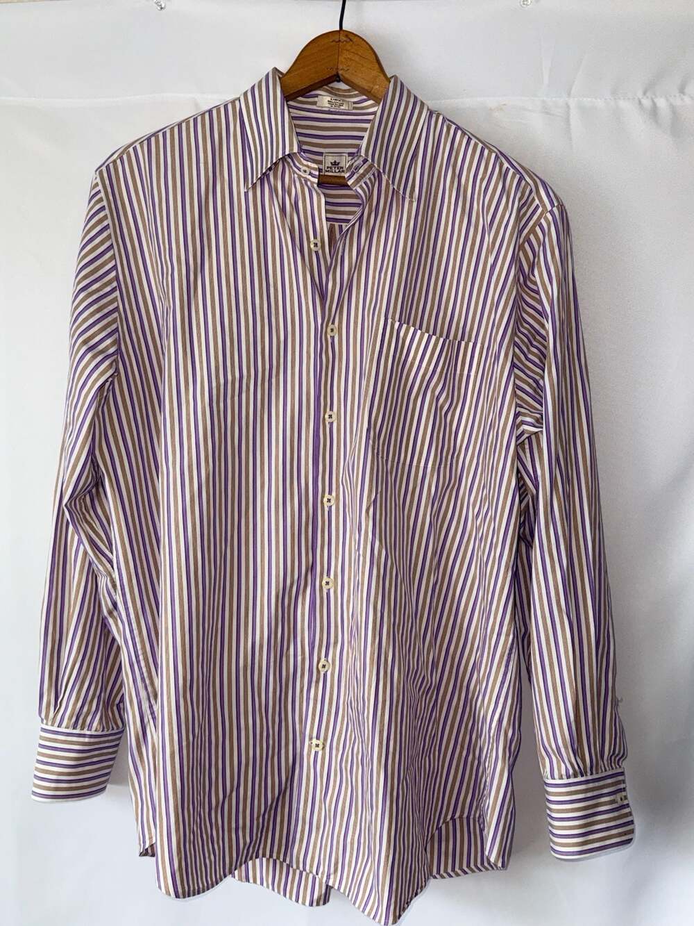 Peter Millar Men's Purple White Tan Striped 100% Cotton Button  Down Shirt Large